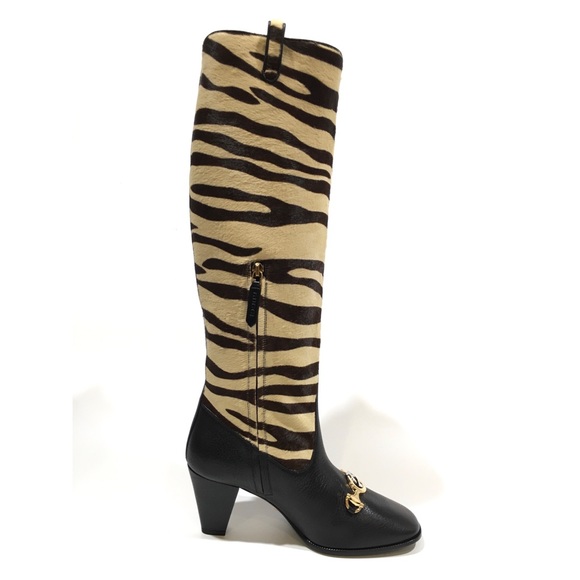 GUCCI Zumi Knee Boots Tiger Print Calf Hair -Black Leather -US 7 -NEW - Picture 2 of 11